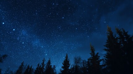 Vast starry sky twinkles above silhouetted pine trees, inspiring wonder and cosmic exploration on a clear night