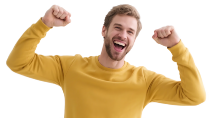 A man in a yellow sweater shows a joyful expression with raised fists, conveying a sense of triumph and excitement.