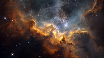 Obraz premium Stunning cosmic nebula with vibrant golden gas clouds and countless sparkling stars, breathtaking deep space vista