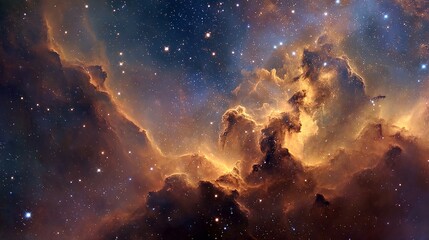 Obraz premium Stunning cosmic nebula ablaze with golden starlight, vast universe exploration, and celestial wonder in deep space