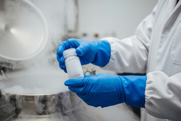 A cryogenic technician retrieves a frosted cryovial containing valuable biological material from a liquid nitrogen tank, crucial for cellular agriculture processes