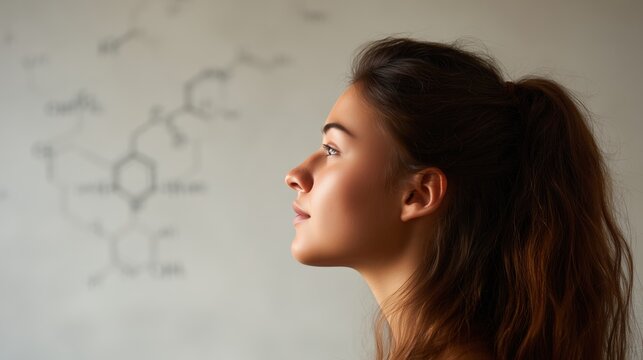 Contemplation in Science: A female scholar gazes thoughtfully at a complex chemical equation, immersed in the pursuit of knowledge.