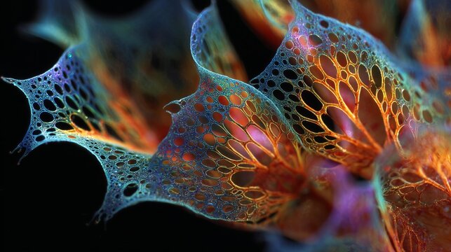 Vibrant abstract macro texture with intricate cellular patterns and glowing iridescent colors, evoking organic growth and futuristic science