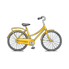 Fototapeta premium Bright yellow retro style bicycle with a basket on white background illustration