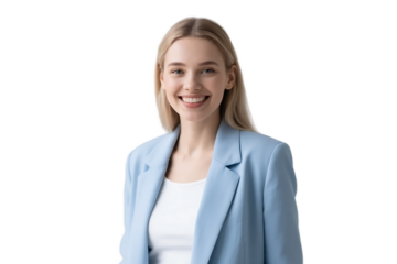 A confident young businesswoman in a light blue blazer, smiling and looking professional in a work setting.