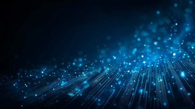 Dynamic blue light streams and bokeh particles create a futuristic, abstract digital network for technology and innovation concepts.