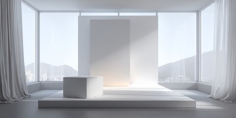 Fototapeta premium Minimalist White Display Platform in Bright Studio Background for Product Showcasing and Art Presentation Purpose