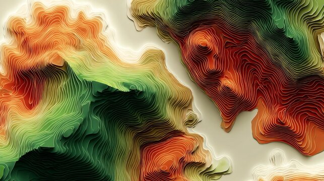Vibrant topographic map layers create a stunning abstract landscape, perfect for visualizing data or terrain with dynamic color gradients and depth.