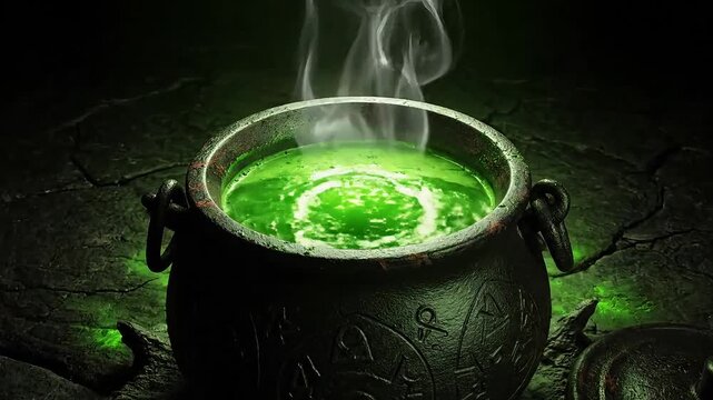 Mysterious bubbling green potion in a dark cauldron, emanating magical smoke and glow.