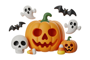 Festive pumpkin surrounded by playful ghosts, bats, skulls, and candy, celebrating Halloween.