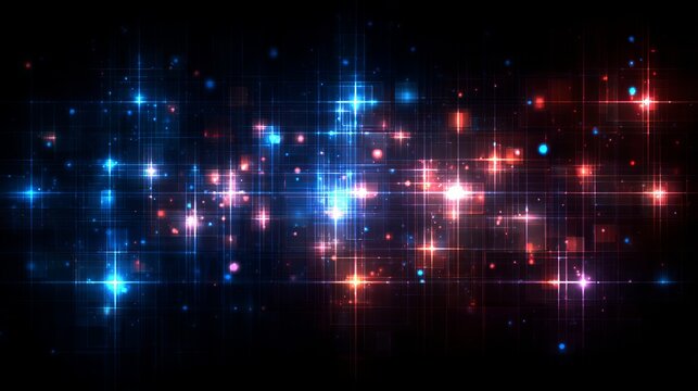 Dynamic digital network grid with glowing neon particles and vibrant light streaks creating a futuristic abstract background effect