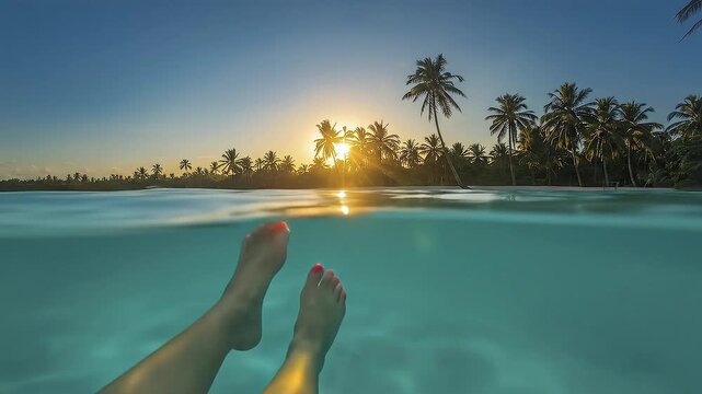 A captivating split shot offers a unique perspective of a tropical paradise during a breathtaking sunrise or sunset. Above the waterline, the radiant golden sun peeks through a vibrant silhouette of n