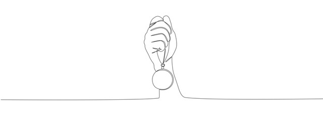 Single line art of hand lifting a trophy. Simple continuous drawing concept for winner celebration, leadership, success and sport achievement design.