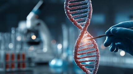 Discovering life's secrets: A scientist meticulously examines a glowing DNA helix in a modern laboratory setting with advanced equipment.