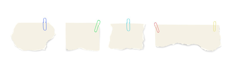 Paper notes with clips. Vector template with blank sheets, sticky notes, and ripped paper pieces for stationery, reminders, or collage design.