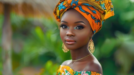 Portrait of A young African woman wears a colorful traditional outfit and headband. green background, Independence Day of Nigeria