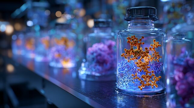 Intriguing molecular structures in scientific glass vials glow with vibrant colors, hinting at groundbreaking research and pharmaceutical discovery. - Powered by Adobe