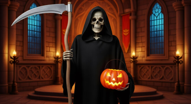 Grim reaper figure in dark hooded cloak, holding a carved pumpkin and scythe, stands in a gothic setting with candlelit ambiance, embodying the spirit of Halloween celebration