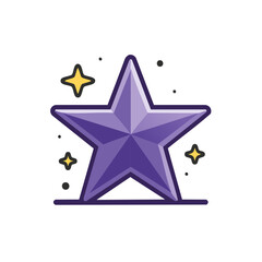 Purple star and yellow star icon with black contour on a white background, glossy geometric shape, geometric star
