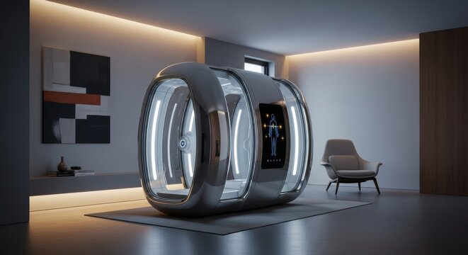 Modern futuristic wellness pod in a sleek, minimalist interior  