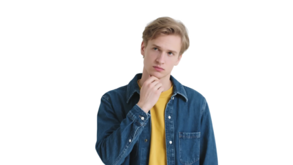 A young man in casual denim jacket and yellow shirt is posing with a thoughtful expression against a white background.
