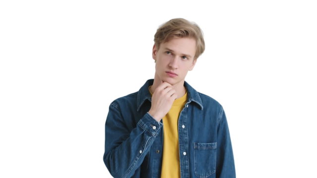 A young man in casual denim jacket and yellow shirt is posing with a thoughtful expression against a white background.