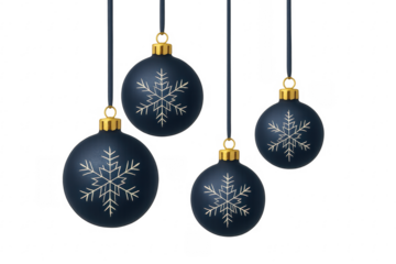 Navy blue christmas baubles with snowflake design hanging