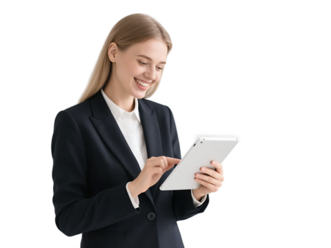 A business woman in a suit is using a tablet, engaged in work-related activities.