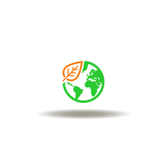 Vector illustration of earth planet with leaf. Symbol of eco. Icon of planet save. Sign of climate change.