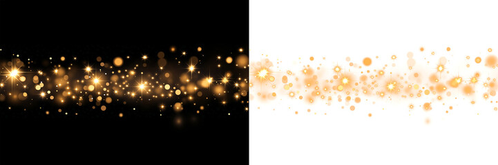 Christmas dust glowing bokeh confetti light and glitter texture overlay for your design. Festive sparkling gold dust png. Holiday powder dust for cards, invitations, banners
