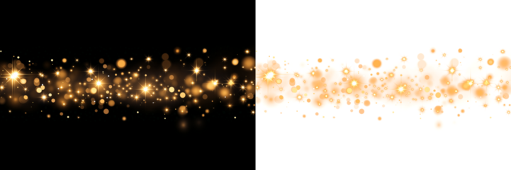 Christmas dust glowing bokeh confetti light and glitter texture overlay for your design. Festive sparkling gold dust png. Holiday powder dust for cards, invitations, banners