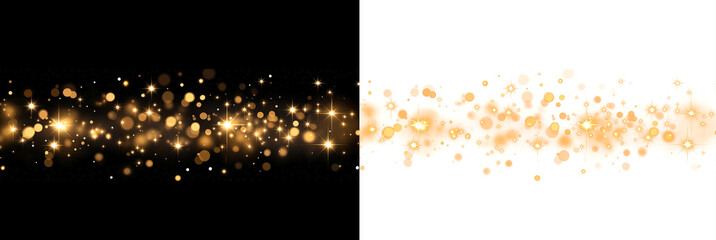 Christmas dust glowing bokeh confetti light and glitter texture overlay for your design. Festive sparkling gold dust png. Holiday powder dust for cards, invitations, banners