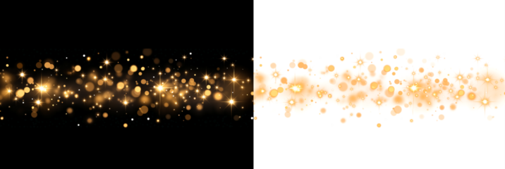 Christmas dust glowing bokeh confetti light and glitter texture overlay for your design. Festive sparkling gold dust png. Holiday powder dust for cards, invitations, banners