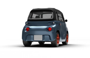 Realistic 3D render of a bluish-gray colored small electric car, slight right rear view,...