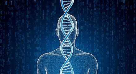 Human figure with dna helix overlay against a digital binary code background symbolizing genetic research and technological advancement