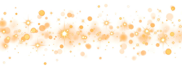 Christmas dust glowing bokeh confetti light and glitter texture overlay for your design. Festive sparkling gold dust png. Holiday powder dust for cards, invitations, banners