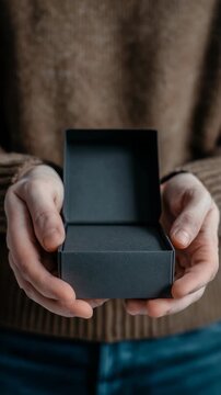 The image captures hands offering an open, empty black box, symbolizing possibilities, surprises, or gifting moments. The neutral background and soft lighting create a warm, inviting atmosphere