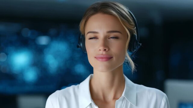 Portrait of a cheerful female call center agent wearing a headset, exuding positivity and professionalism. She embodies excellent customer service and modern business communication skills