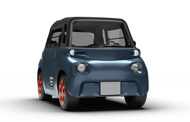 Realistic 3D render of a bluish-gray colored small electric car, slight right front view, transparent background.