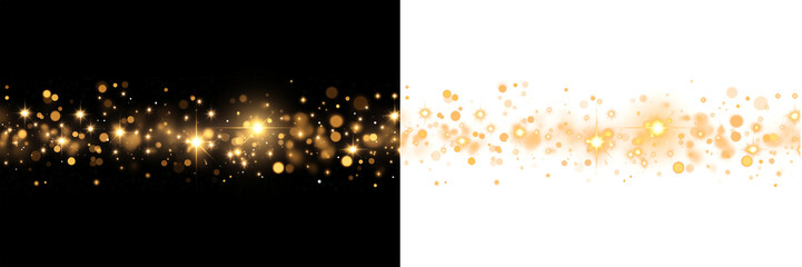 Christmas dust glowing bokeh confetti light and glitter texture overlay for your design. Festive sparkling gold dust png. Holiday powder dust for cards, invitations, banners