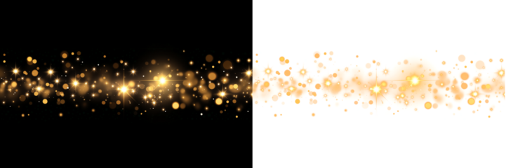 Christmas dust glowing bokeh confetti light and glitter texture overlay for your design. Festive sparkling gold dust png. Holiday powder dust for cards, invitations, banners