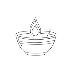 Line art of a diya oil lamp with flame and wick. Perfect for festive or cultural contexts