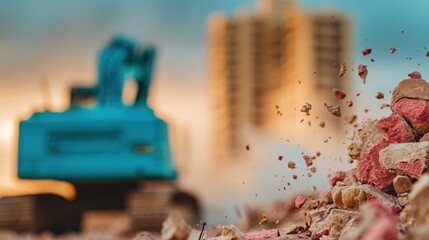 Construction equipment demolishes old building at sunset creating dust