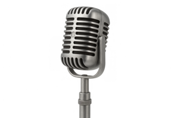 Vintage microphone on stand, retro audio recording equipment, sound broadcasting tool for podcasting