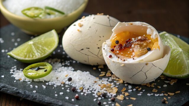 Cracked balut reveals rich flavor surrounded by fresh citrus and salt on a rustic wooden table