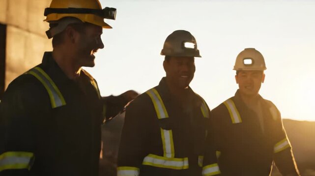 A team of happy modern miners in uniform walks out after a long shift.