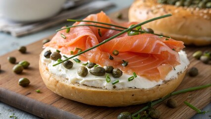 Delicious lox and cream cheese bagel garnished with capers and chives ready for breakfast delight
