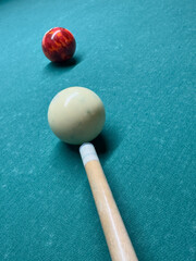 billiard / pool table with balls cues and green felt for pool game