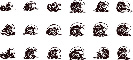 Collection of different Vintage Ocean Wave and Sea Storm Crest Vector Illustrations