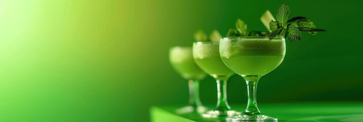 Three green cocktails in elegant glasses on a vibrant minimalistic green background, horizontal banner, copy space, free space for text